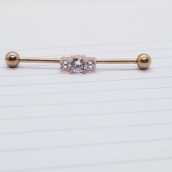 14g Gold Stainless 3 CZ 1 7/16 Industrial Barbell Earring B2877 - Picture 2 of 4